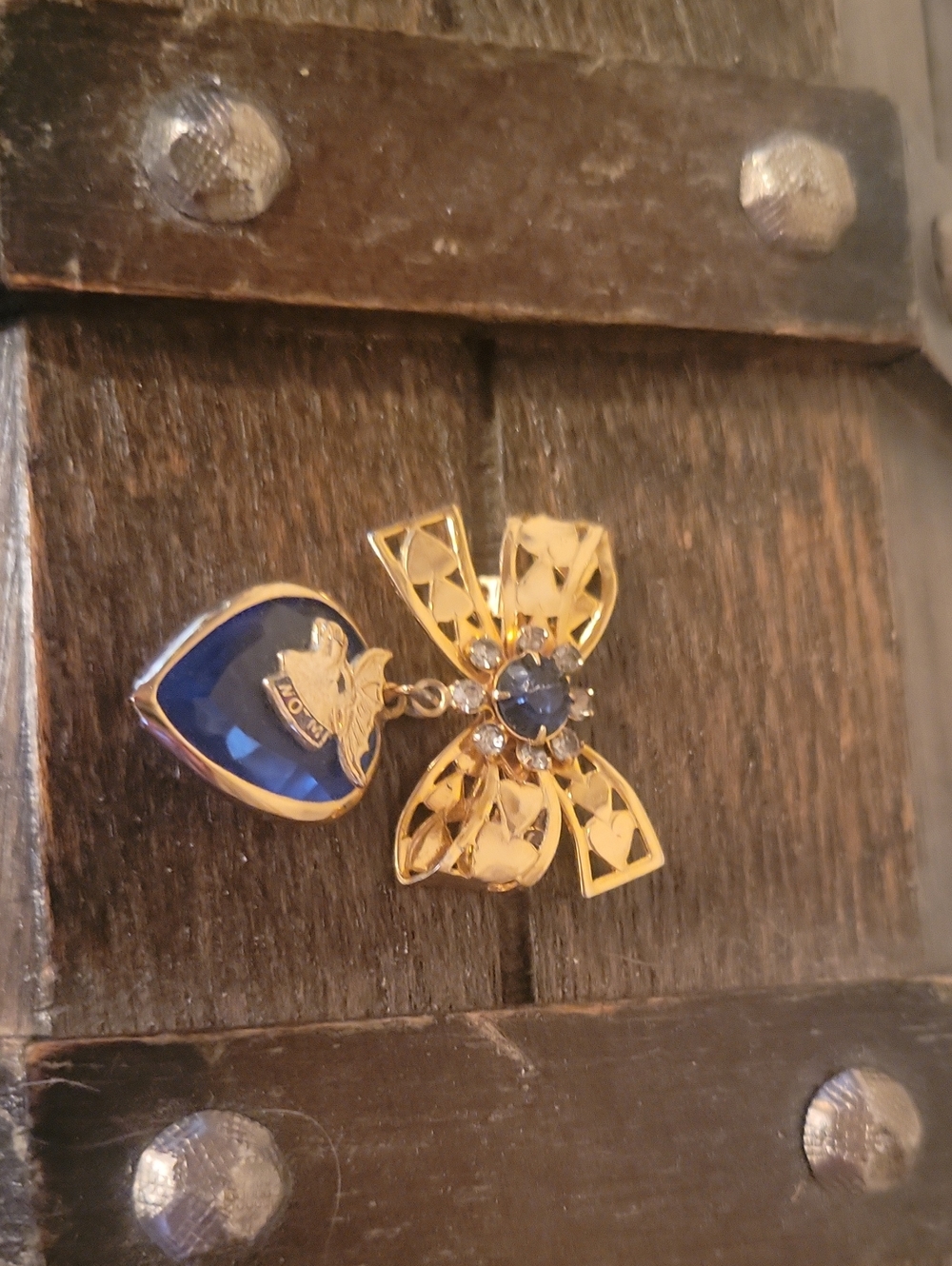 Gold and Blue Decorative Heart And Bow Pin